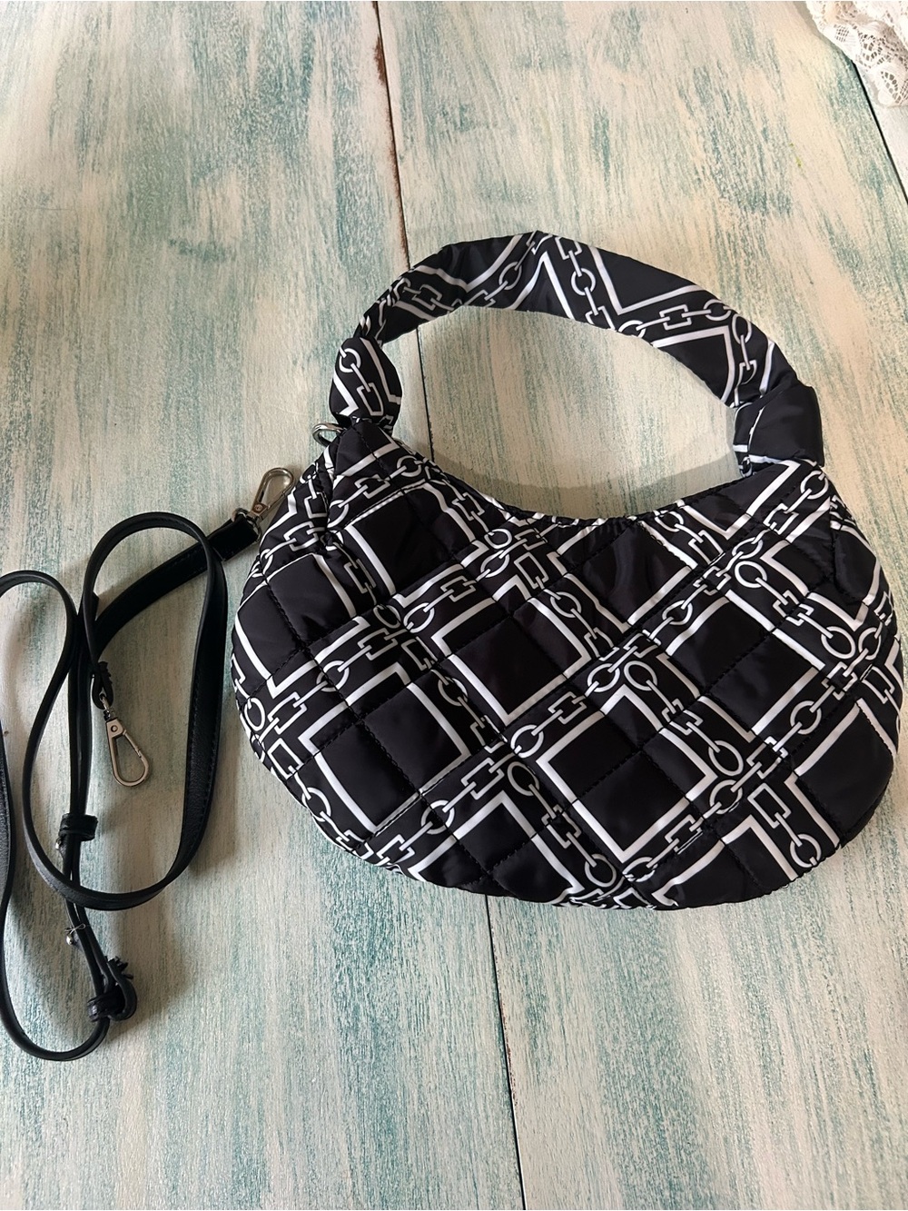 INC International Concepts Black & White Quilted Chain-Print Hobo